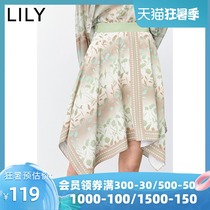 LILY summer new womens temperament printed irregular A-word high waist thin mid-length skirt