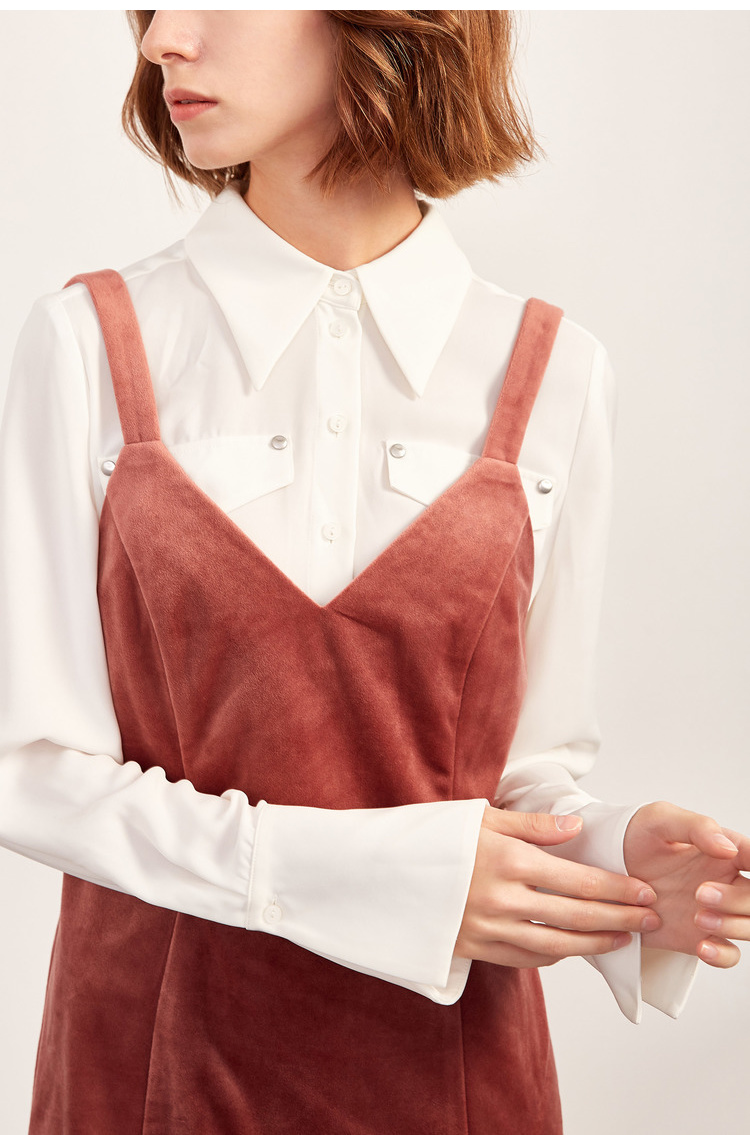 Lily2018冬新款女装不对称,压褶设计,修身版型优知性绒感修身吊带连衣裙