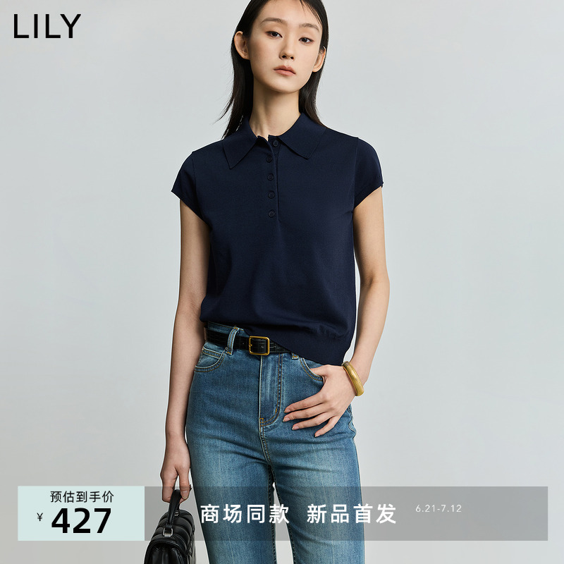 [Same Style as in Shopping Malls] Lily2026 New Summer Women's Clothing Retro Old Money Style Commuter Polo Collar Short-Sleeved Knitwear