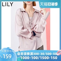 LILY new womens tassel belt loose long-sleeved short top Chiffon shirt