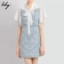 Lily2020 mùa hè mới của phụ nữ ngọt ngào nơ nút lá sen tay áo cao eo mảnh vải voan khâu váy denim - Váy eo cao