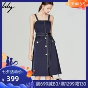 Lily2019 mùa hè mới phụ nữ khí chất dụng cụ thắt lưng thắt lưng Slim navy màu xanh có thể tháo rời dây đeo 7984 - Váy eo cao