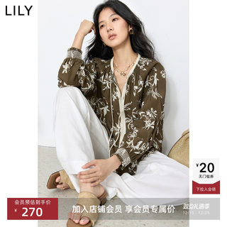 LILY2025新款莱赛尔亚麻复古撞色印花系带圆领深色长袖套头衫女