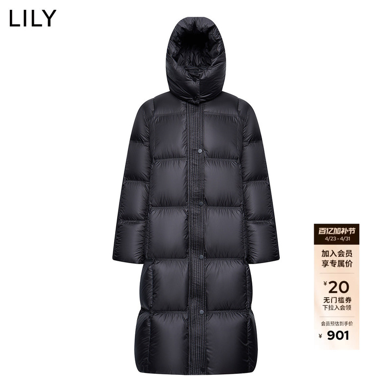 Lily2026 Spring New Women's Retro Hooded Stand-Up Collar 90 Duck down Loose Black down Jacket Long Style