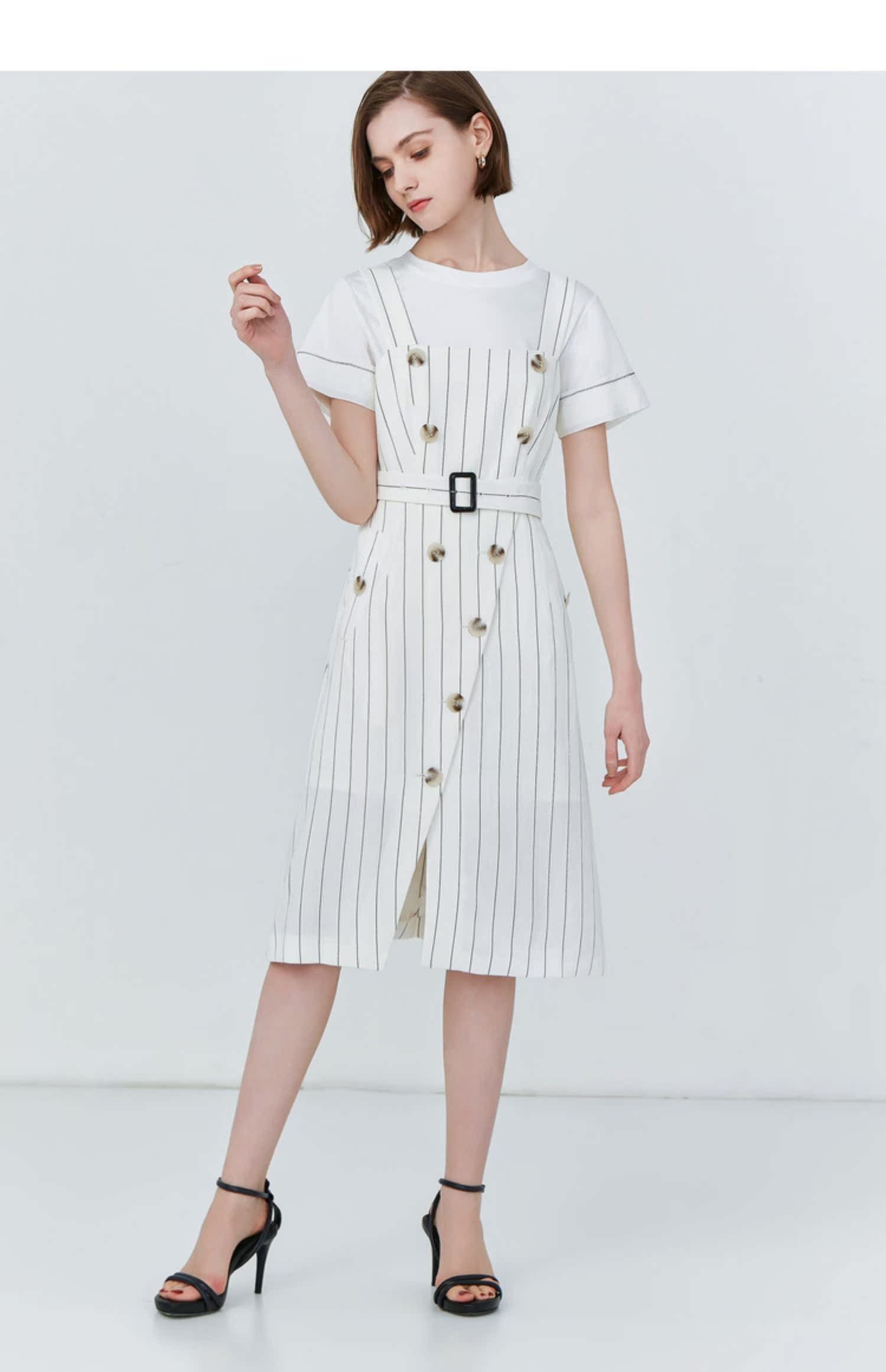 Lily2019 mùa hè mới của phụ nữ khí chất sọc cao thắt lưng chia dây đeo váy 119250C7568 - Váy eo cao váy eo nhún	