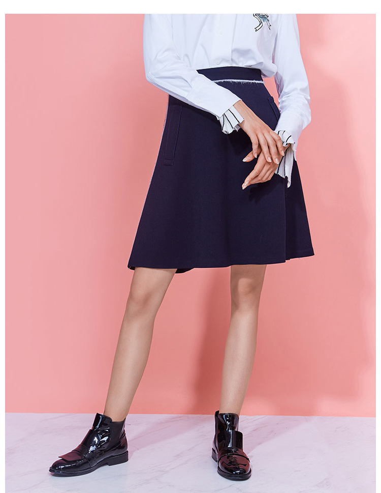 Lily冬新款女装OLA型轮廓;撞色织带;商务通勤型撞色中裙高腰半身裙
