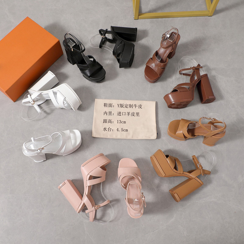 13cm Sky-High Waterproof Platform Chunky Heel Sandals for Women, Cowhide, 2026 Summer New Style, Single Strap, Open Toe, Thick-Soled High Heels