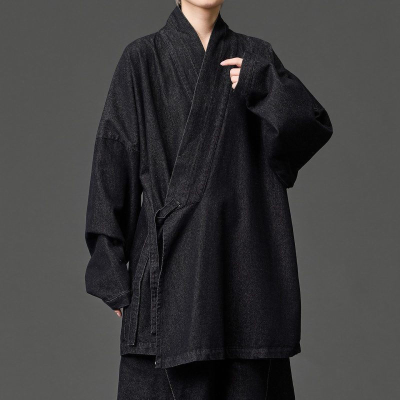 Chinese-Style Improved Zen Meditation Clothing with Diagonal Collar, Loose-Fitting Large-Size Layman's Robe, Casual Solid Color Thick Denim Hanfu
