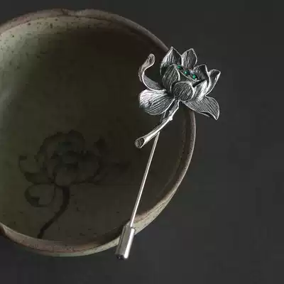 Retro sterling silver Lotus one-character brooch female cardigan jacket pin buckle silk towel buckle creative gift