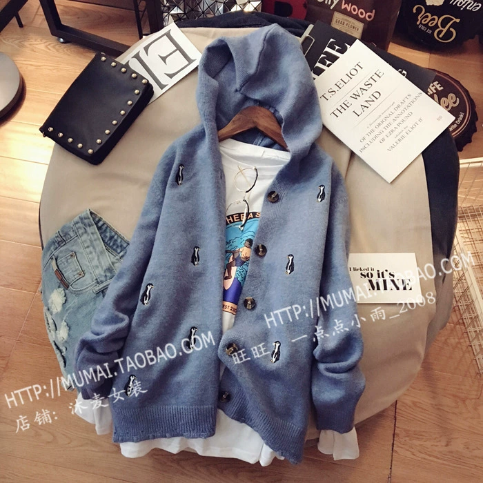 Mu Mai Women Áo dài tay thêu thêu cardigan Áo khoác nữ 2018 Thu mới Trùm đầu áo len tay phồng