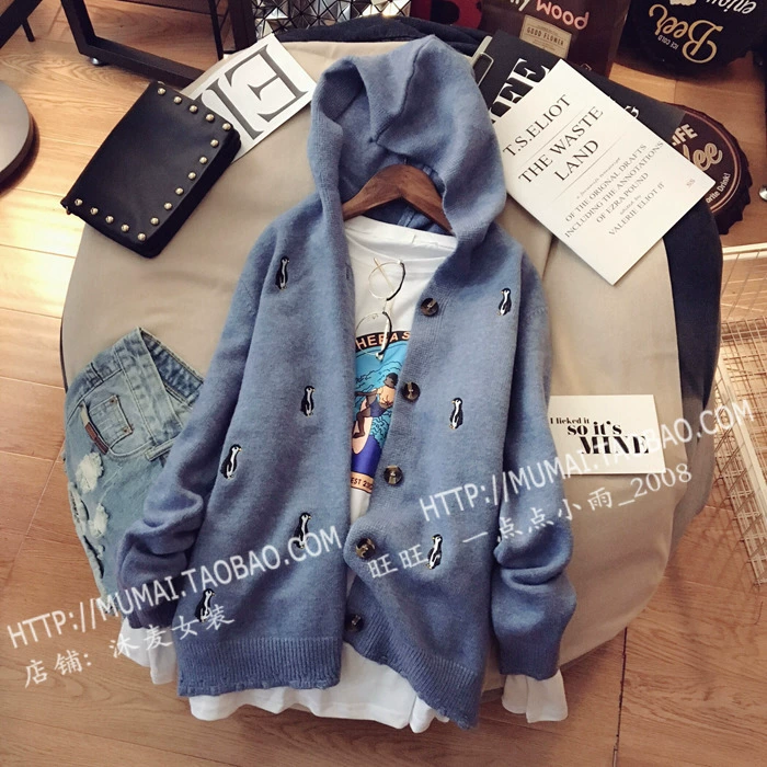 Mu Mai Women Áo dài tay thêu thêu cardigan Áo khoác nữ 2018 Thu mới Trùm đầu áo len tay phồng