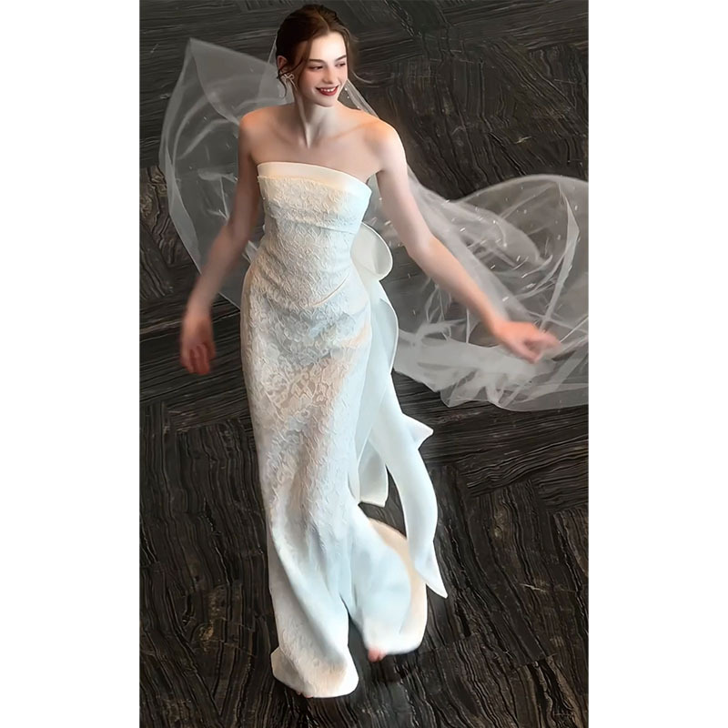 French-Style Strapless Light Wedding Dress for Brides, High-End Forest-Style Light Luxury Niche Engagement White Lace Bridal Gown for Reception