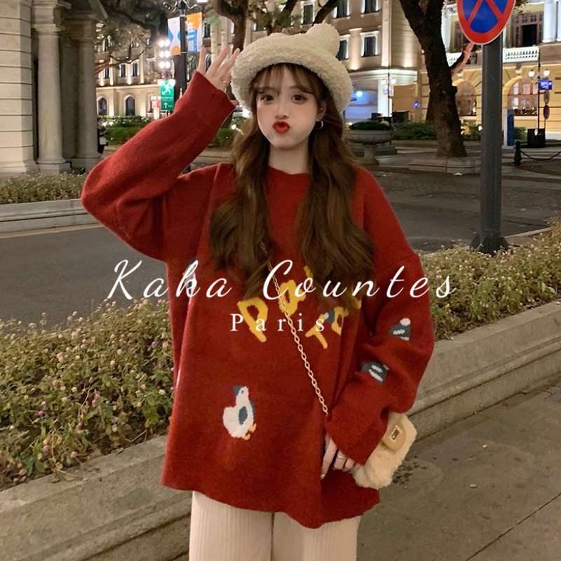 Sandro Moscoloni Red Sweater Woman Spring New Han Edition is loose and wears lazy wind knitted tops