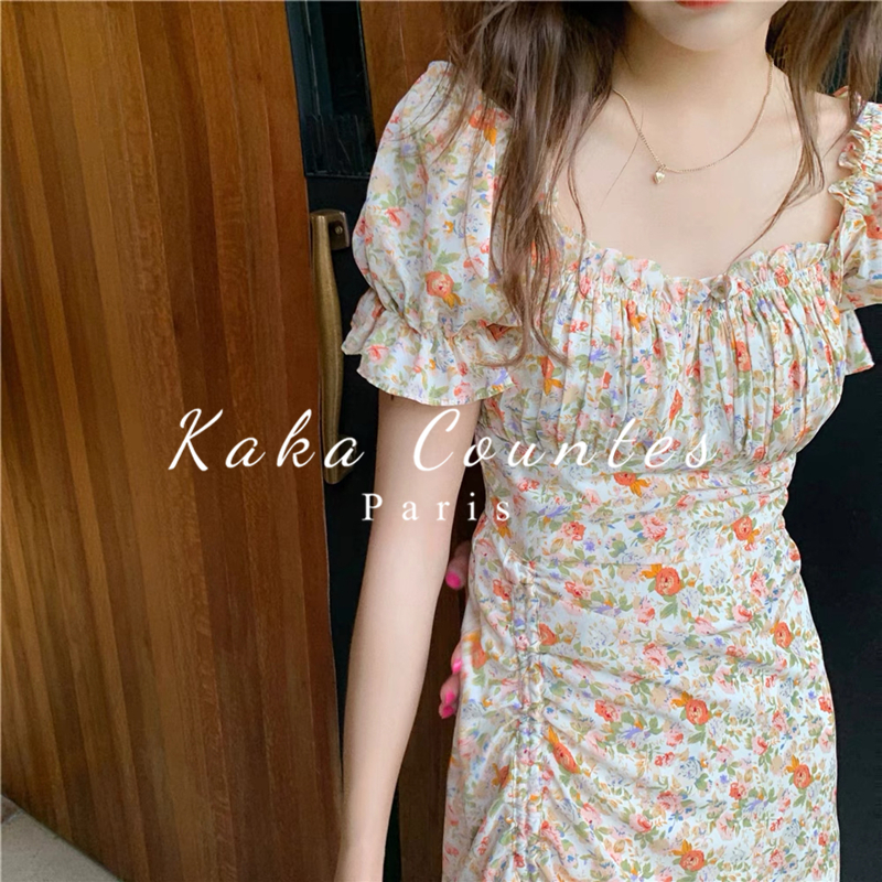 Sandro Moscoloni 2023 Spring and Summer New Oil Painting Crush Dress Lace Bubble Sleeve Sleeve