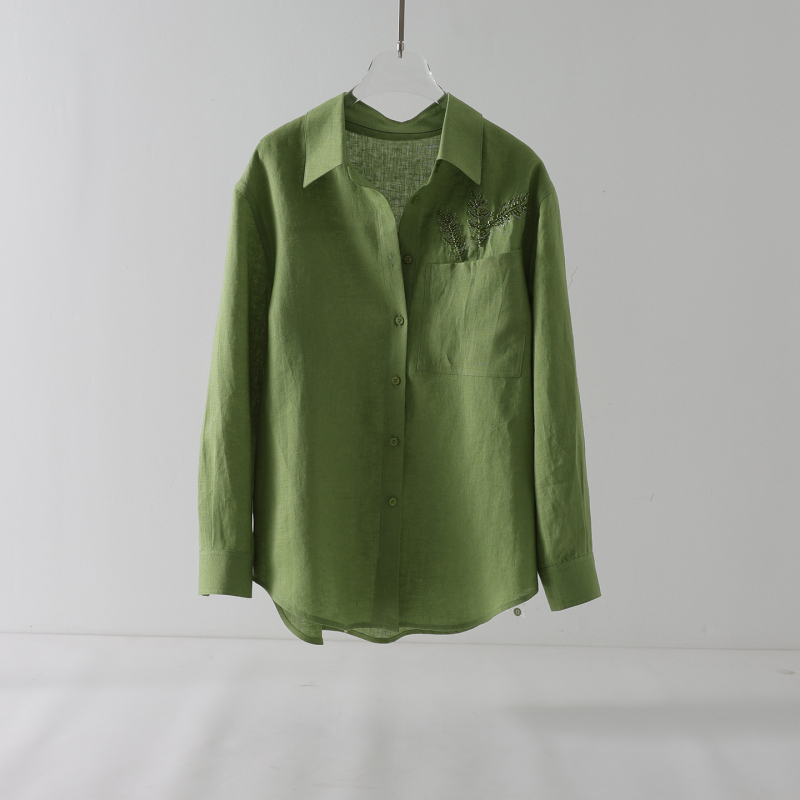 Pure Linen Shirt for Women, Long-Sleeved, Spring and Summer New Style, Avocado Green, Loose-Fitting, Sun-Protective Shirt, Breathable, Suitable for Commuting, Air-Conditioned Shirt