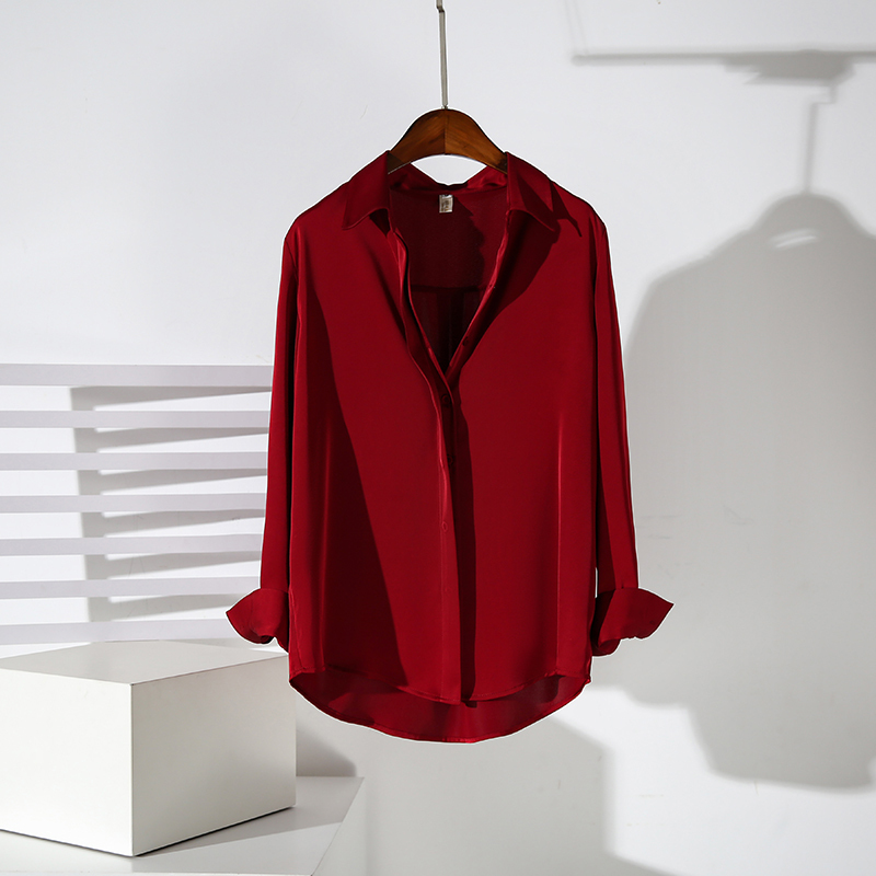 High-End Red Satin Shirt for Women, Long-Sleeved, Suitable for Commuting and Interviews, Elegant Top, New Wrinkle-Resistant, No-Iron Acetate Shirt