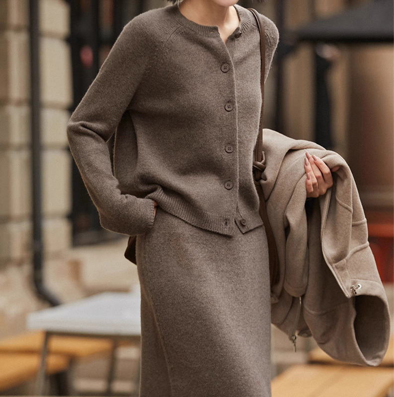 100% Pure Wool Suit for Women, Round Neck Knitted Cardigan, 2026 New Style, Loose Skirt, Versatile Cashmere Two-Piece Set