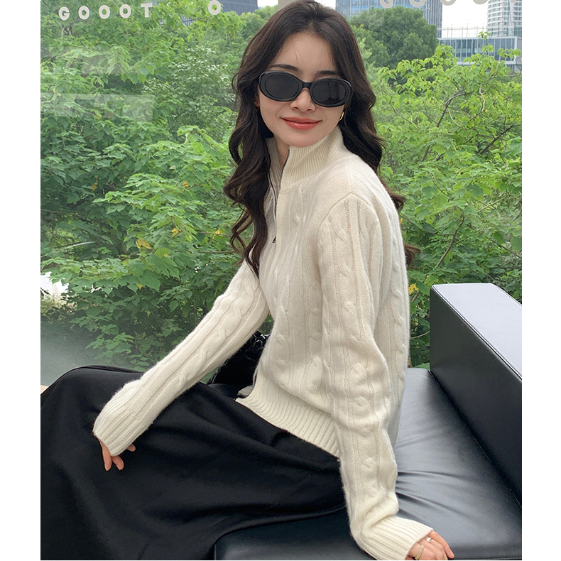 2025 Autumn/Winter New 100% Pure Wool Sweater Women's Half-Turtleneck Twist Zipper Cardigan Sweater Coat