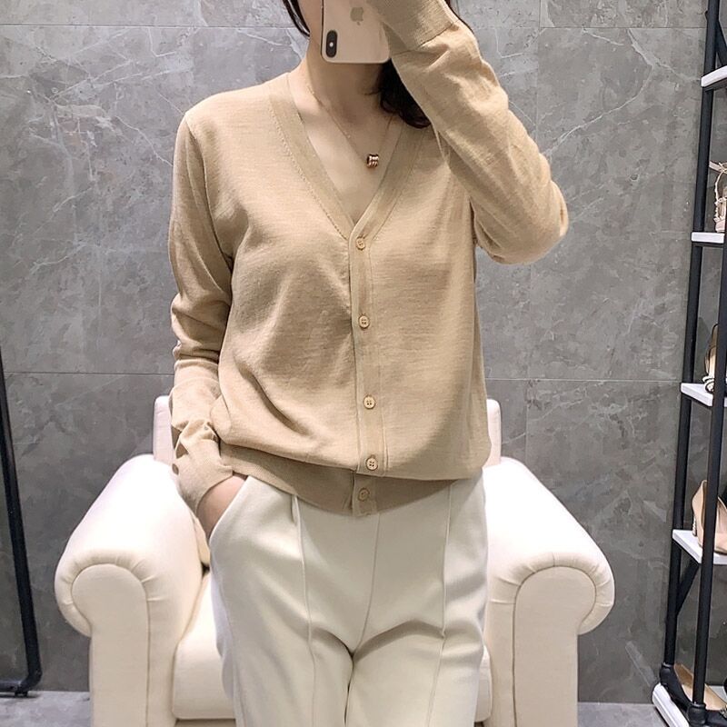 2025 Spring/Summer New Women's Fine Wool Knitted Gold Thread Cardigan V-Neck Solid Color Long Sleeve Sweater Coat Top