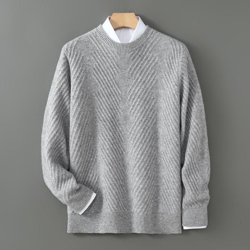 New Style 100% Pure Wool Casual Men's Versatile Commuting Pullover Loose Business Crew Neck Sweater, Thickened for Autumn and Winter