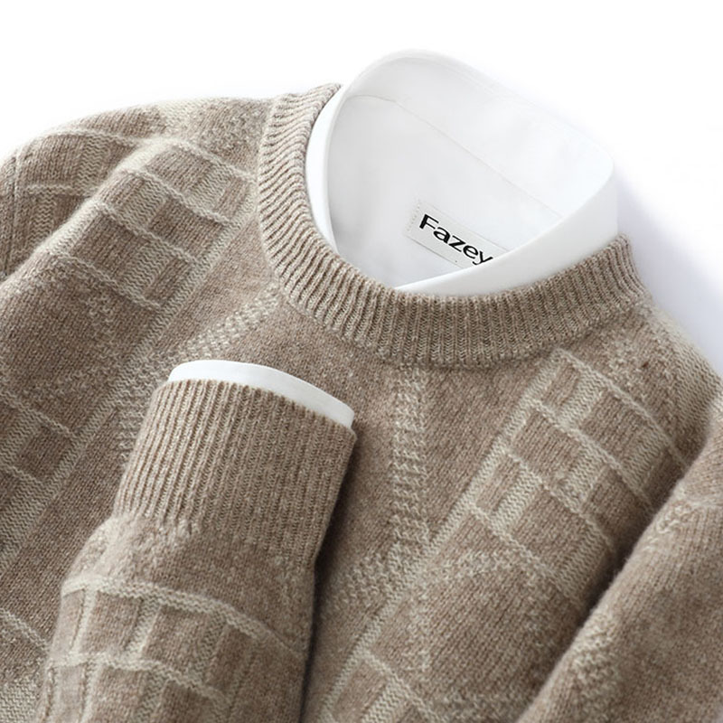 Autumn and Winter Cashmere Sweater, Round Neck, Long Sleeves, Diamond Pattern, Men's Loose-Fitting Large Size Solid Color Wool Base Sweater for Young and Middle-Aged Men