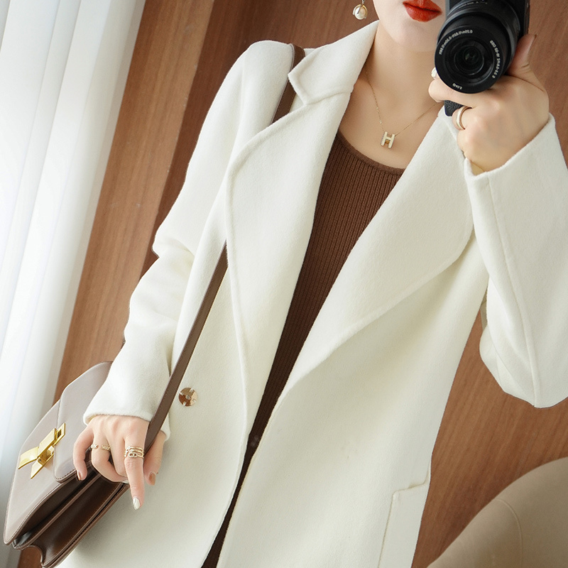High-End White Double-Sided Wool Coat for Women 2025 New Slim-Fit Long Over-The-Knee Suit Collar Woolen Coat
