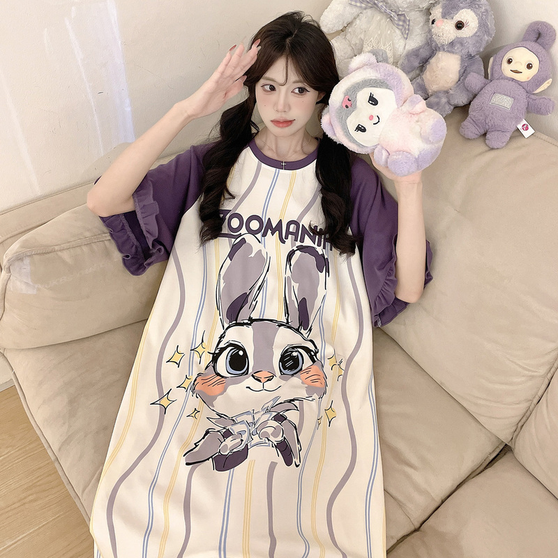 Nightgown for Women, Summer Pure Cotton Short-Sleeved Pajamas, Thin Cartoon Style, Student Plus Size, Fat mm 100kg (Size), Young Girl's Loungewear