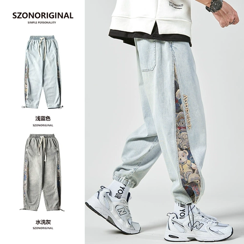 Ретро джинсы, мужские штаны, с вышивкой, с медвежатами