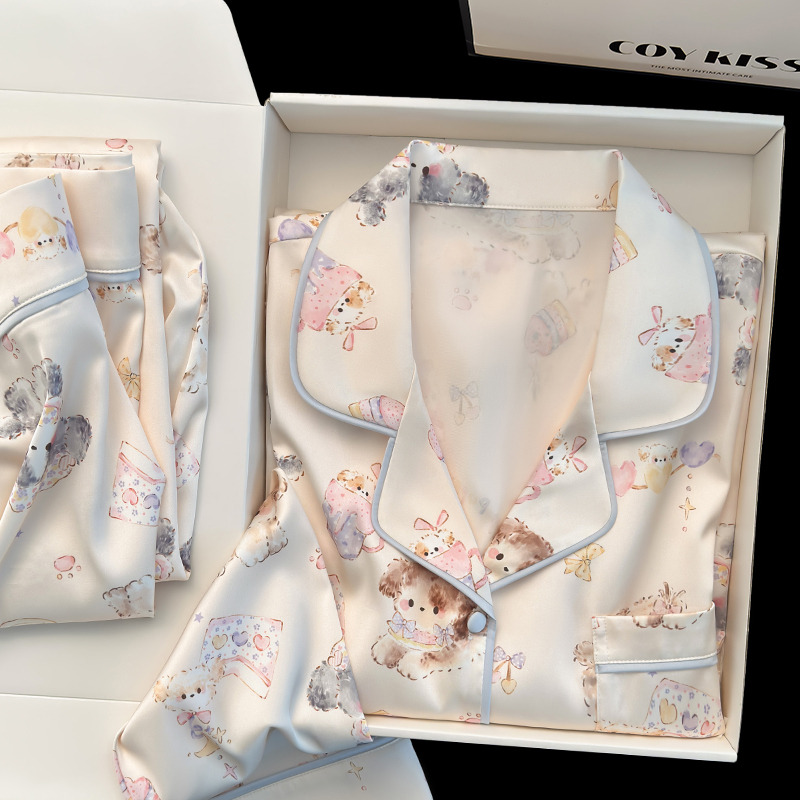 Coy Kiss Silk Cartoon Puppy Pajamas for Women, Spring and Summer, Sweet and Elegant, Can Be Worn Outside, Long-Sleeved Loungewear, Gift Box Set