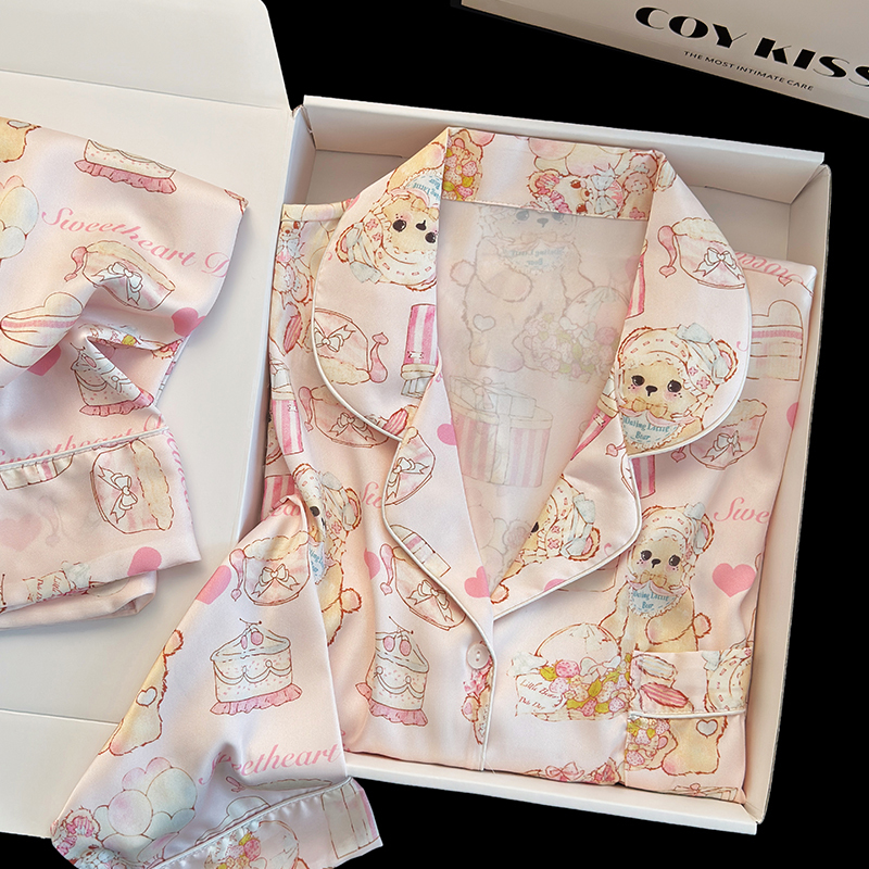 Coy Kiss Silk Pajamas for Women 2026 New Long-Sleeved Three-Piece Set Cartoon Gift Set for Girlfriend's Birthday