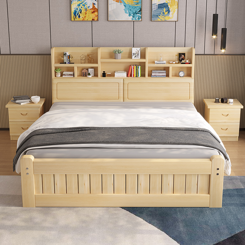 Bed solid wood modern minimalist 15m single bed children's bed with bookshelf multifunctional storage bed 18m double bed