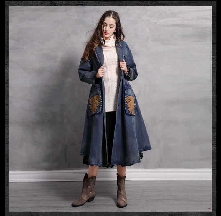 Aka Women 2020 Thu mới Áo trùm đầu denim Áo gió Retro Thêu Thời trang giản dị Áo khoác lớn - Trench Coat