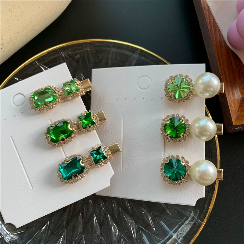 Hàn Quốc lưới màu đỏ retro cổ điển màu xanh lá cây kẹp tóc ánh sáng sang trọng rhinestone ngọc trai tóc mái kẹp nữ từ kẹp kẹp tóc kẹp - Phụ kiện tóc