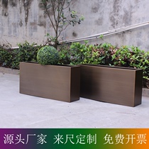 Yellow ancient bronze rectangular stainless steel flower pot with floor long groove hotel decorative-like inter-plate sales center basin