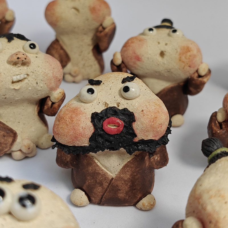 Handmade Figurine in a Box, Clay, Big-Faced Funny Little Man