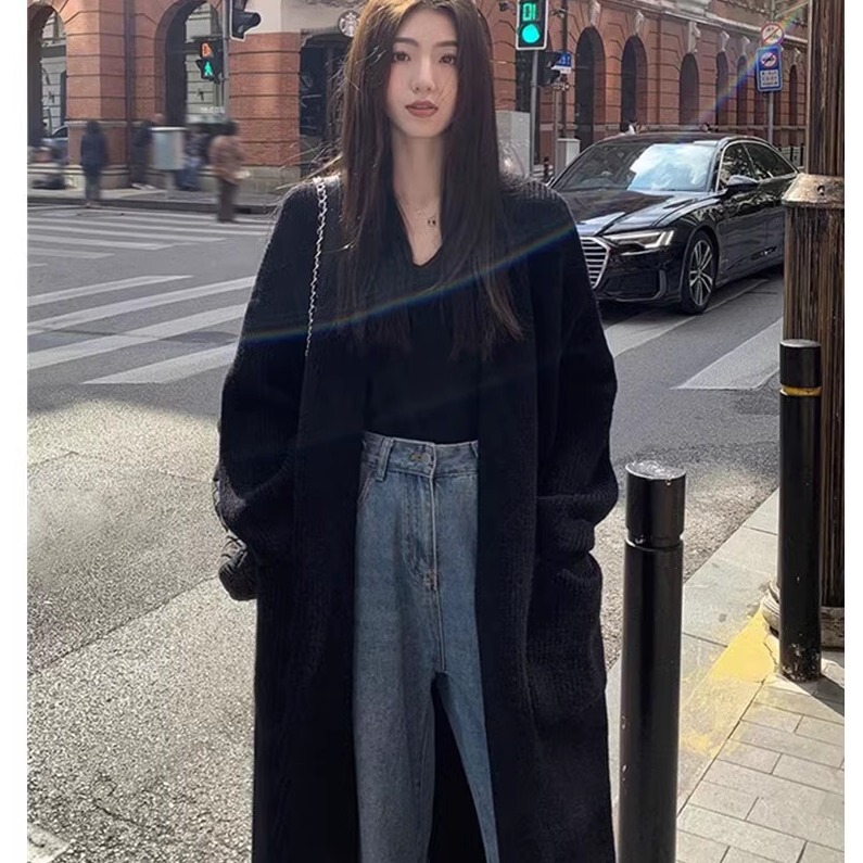 Plus-Size Women's Sweater Coat, New Spring Style, Slimming, Lazy Style Cardigan, Long Black Outerwear, Trendy