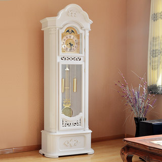 Floor Clock, Living Room Solid Wood Mechanical Clock, European Classical Time-Telling Table Clock, Chinese Style Luxurious and Elegant White Standing Clock
