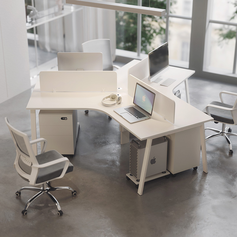 Office Steel Frame Irregular-Shaped Desk and Chair Combination Set, Simple Modern Design for 3-6 Person Staff Workstation