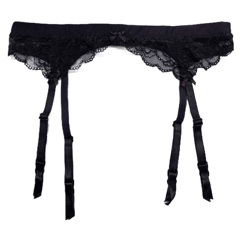 Black Women's Solid Color Lace-Trimmed Bowknot Metal Buckle Sexy Stockings Garter Belt Ga891