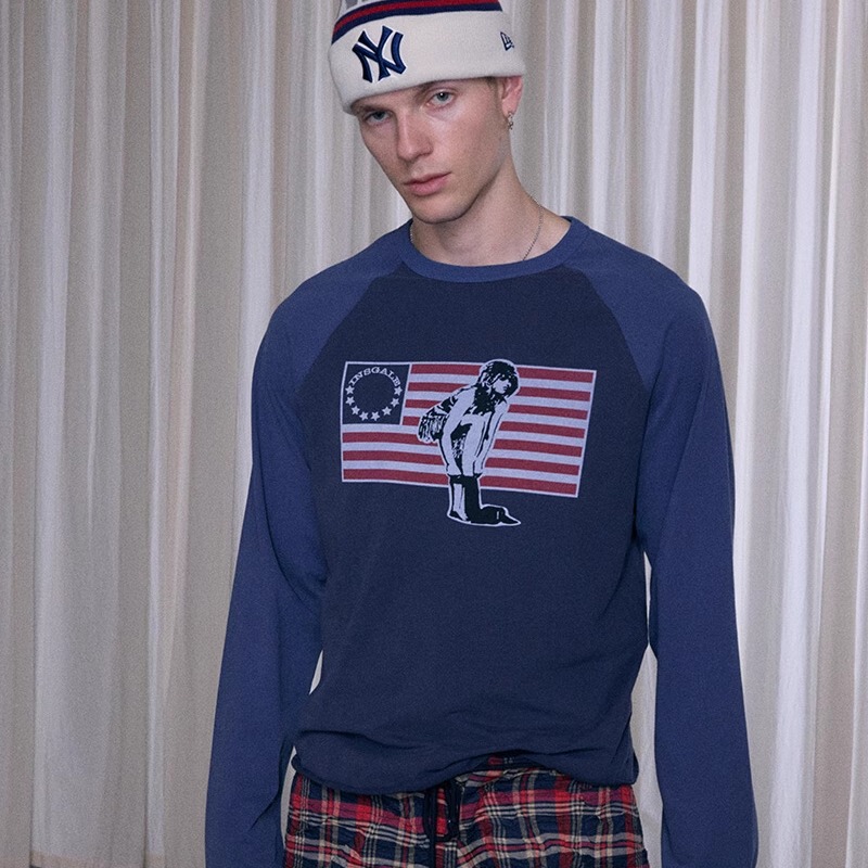 Insgale 25Aw Contrasting Color American Patchwork Raglan Sleeve Long-Sleeved T-Shirt