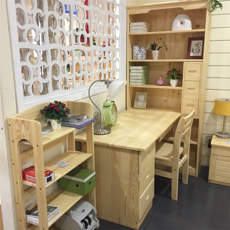 Zhisheng solid wood desk bookshelf combination table Simple modern home children's study desk Student writing desk