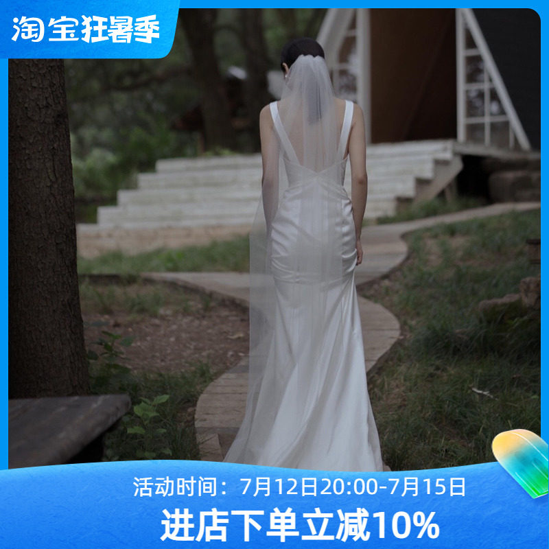 Suspender light wedding dress 2023 new bride small go out gauze girl simple Korean satin dress travel photography daily