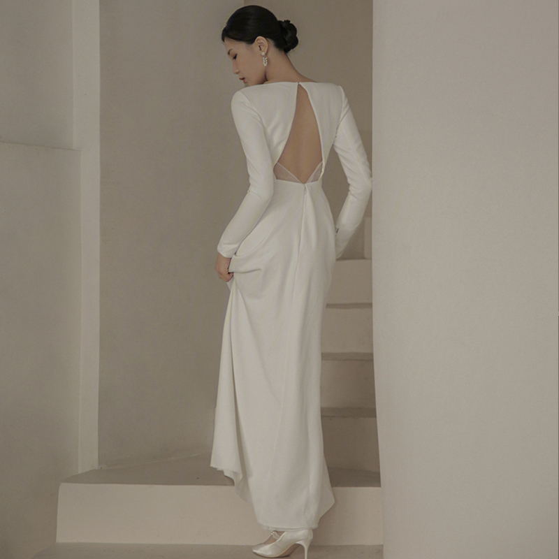 High-End Satin Light Wedding Dress 2026 New Long-Sleeved Backless Bride's Reception Dress White Forest Style Super Fairy Wedding Dress High-End Satin Light Wedding Dress 2026 New Long-Sleeved Backless Bride's Reception Dress White Forest Style Super Fairy Wedding Dress