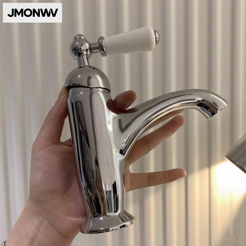 New Model Exported to the Uk Silver French Retro All-Copper Hot and Cold Faucet Gold Ceramic Handle Basin Faucet
