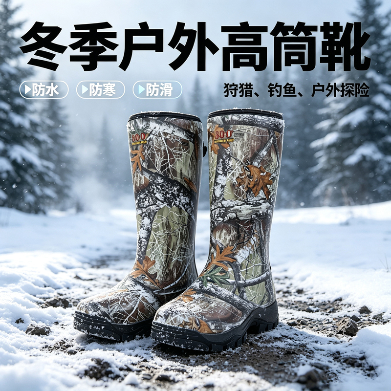 Foreign Trade Fleece-Lined Men's High-Top Cold-Proof Rain Boots Camouflage Print Rubber Boots Hunting Water Boots Fishing Rubber Boots Non-Slip
