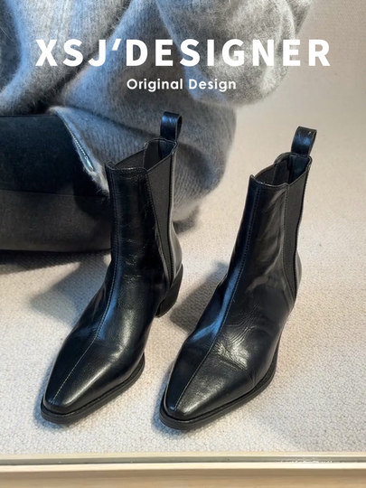 Cowhide Version ~ Genuine Leather Chunky Heel Long Boots for Women, Vintage British Style Pointed Toe Slimming High Boots, Slim Boots, Riding Boots