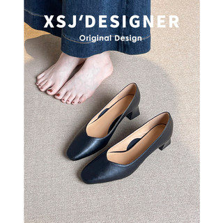 Genuine Leather French-Style Medium Thick Heel Shoes for Women, Elegant Black High Heels That Are Comfortable for the Feet, Professional Work Shoes, Square-Toe Granny Shoes