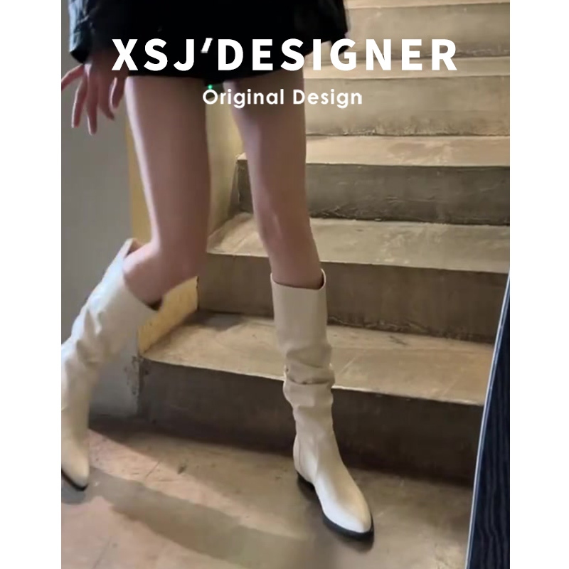 French-Style Gentle White Pleated Boots for Women, Winter Style, British Style Pointed Toe, Hidden Heel, Over-The-Knee High Fashion Boots