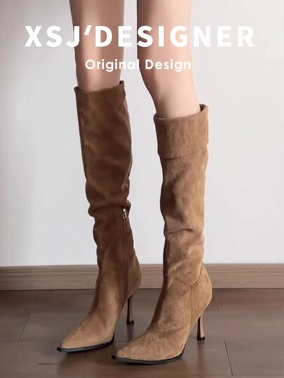 Autumn and Winter Melard Slouch Boots for Women, Vintage Pleated Slimming Western Boots, Suede Pointed Toe Stiletto High-Heeled Knee-High Riding Boots