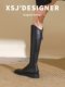 Genuine leather thick-heeled boots for women with square toe elastic V-mouth soft leather high boots brown over-the-knee thick-leg flat-soled skinny boots